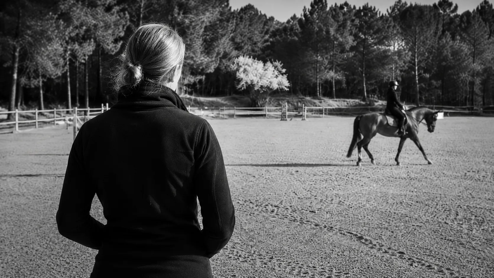 A rider cantering in the riding school arena